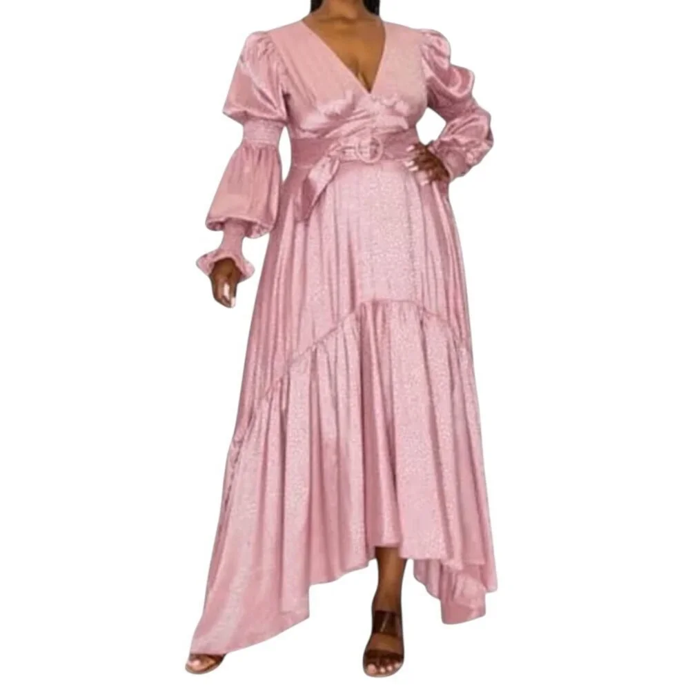 Rosevelvet Pink Satin High-Low Maxi Dress w/ Belt – Size Large – NWT